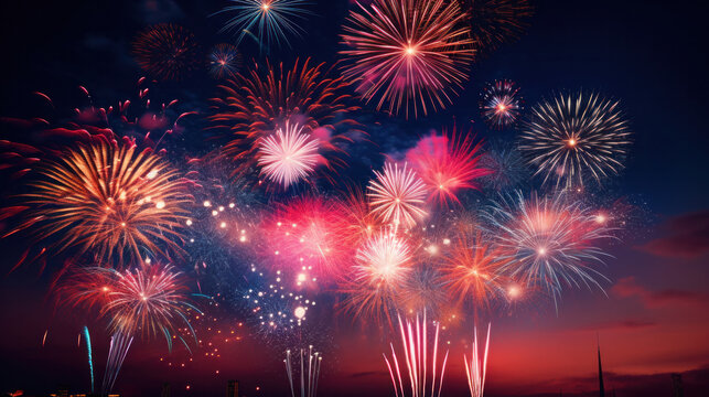 Fireworks with Night Sky Background. New Year or independence day background
