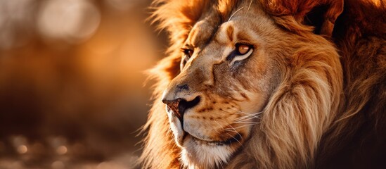 Close-up image of male lion's face. - obrazy, fototapety, plakaty