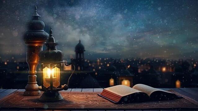 ramadan night decoration with arabic lantern, candles and holy Quran. seamless looping time-lapse virtual 4k video animation background.