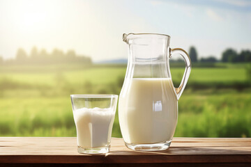 Glass of milk and jug full of fresh milk on wooden table, rural nature background with sunbeams
