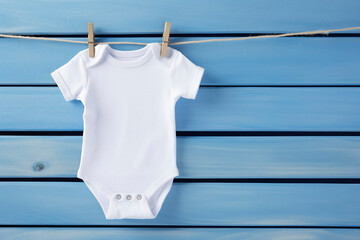 Baby onesie on a blue wooden background, copy space - obrazy, fototapety, plakaty
