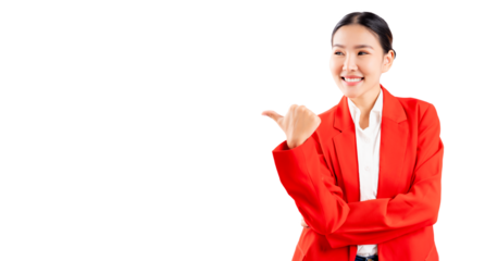 Young Asian Business woman pointing up and looking to copy space with smile face and happy Pretty girl act like a satisfied product use for advertising with isolated on white background Red suit