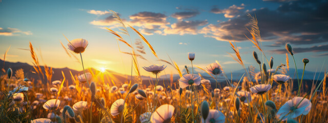 A spring sunrise illuminating a field of wildflowers and majestic mountains.