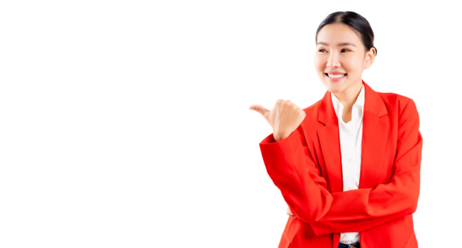Young Asian Business woman pointing up and looking to copy space with smile face and happy Pretty girl act like a satisfied product use for advertising with isolated on white background Red suit