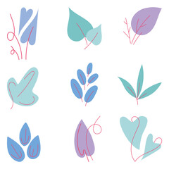 A set of colorful leaves. Spring flowers. Scandinavian plant elements. Abstract natural shapes. Flat. Contour. Vector isolated objects on white background.