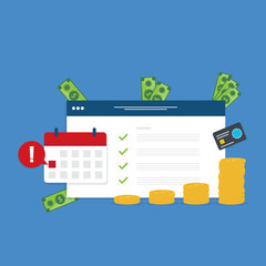 Money payment date schedule or agenda in calendar. Tasks list and cash schedule alert notification, idea of tax or credit loan pay time, budget or financial plan. 