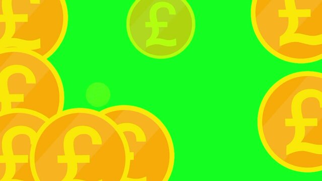 Simple Green Screen Pound Coin Transition, Currency Business Concept. Pounds of coins fill the screen. motion graphics, transitions.