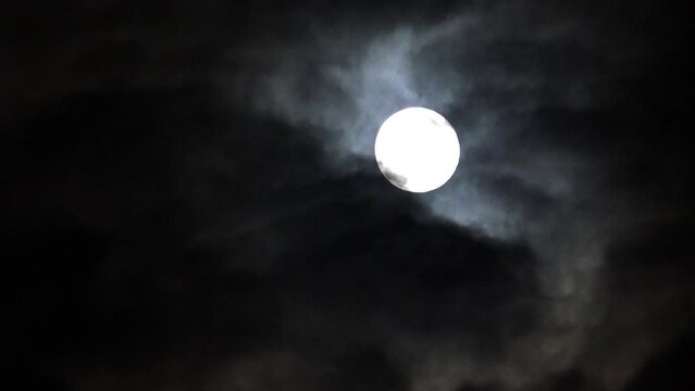 4K Timelapse Full Moon Rises by Night Sky, Halloween Spooky Moonlight, Moonset View