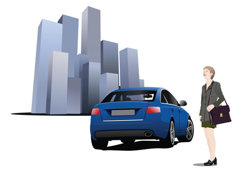 Business woman and car on city background. Vector illustration
