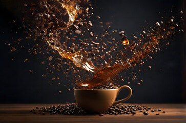 coffee mug bursting coffee beans flying ai generated background