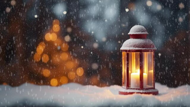 video of glowing Christmas candlelight lantern decoration on snowy winter landscape with snowflakes falling down during winter