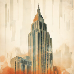 Vintage Skyscraper Illustration: Early 1900s Aesthetic with Weathered Textures and Distressed Effects in Warm Muted Colors