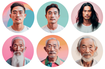 A collection of portraits of diverse Asians. A set of round portraits of modern Asian men for userpics and avatars. Isolated on a transparent background.