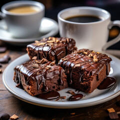 Chocolate brownies on white plate and coffee cups on white wooden table