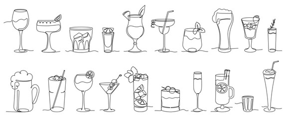 Continuous one line alcohol drinks. Alcoholic beverages glasses, from classic cocktails to craft beer, shots of strongest liquors and chill whiskey isolated vector illustration set