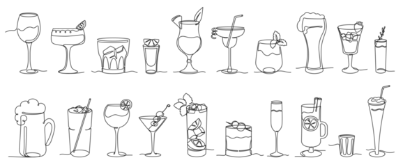 Cercles muraux Une ligne Continuous one line alcohol drinks. Alcoholic beverages glasses, from classic cocktails to craft beer, shots of strongest liquors and chill whiskey isolated vector illustration set