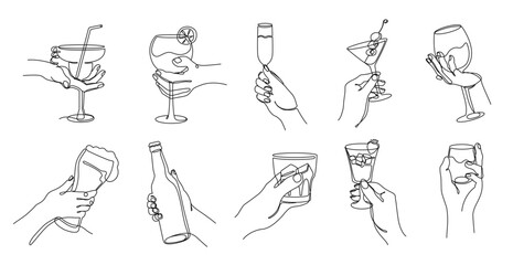 Continuous one line cheers hands. Linear hands raising various glasses with alcohol drinks in celebration. Toast of elegance isolated vector illustration set