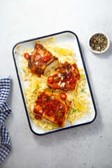 Roasted white fish with chili sauce and couscous