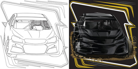 outline and painted racing car illustrations isolated in black background, this design is not ai generated.` Please see my portfolio. I've been making microstock designs for 3 years