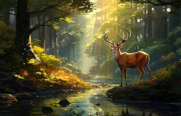 Deer live in a rich forest. Standing next to the river, enjoying the soft morning sunlight.