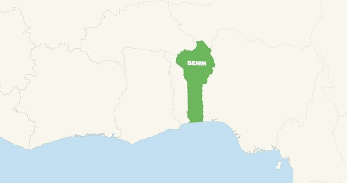 World Map Zoom In To Benin. Animation in 4K Video. Green Benin Territory On Blue and White World Map