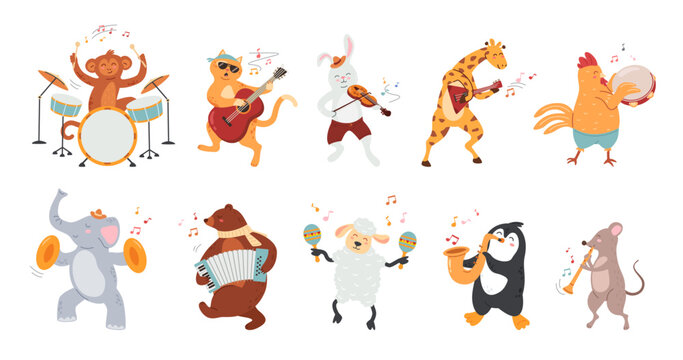 Animals play music. Zoo musicians, cute animal mascots with different musical instruments and orchestra characters isolated cartoon vector illustration set