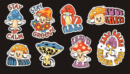 Cartoon mushrooms stickers. Groovy fungi, stay calm and good vibes print designs with funny mushroom characters vector set
