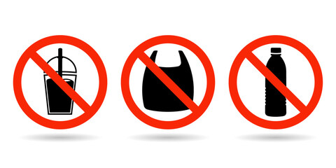 Set of no plastics sign. No plastic bag, glass, bottle, and drink cup sign vector. No warning label vector