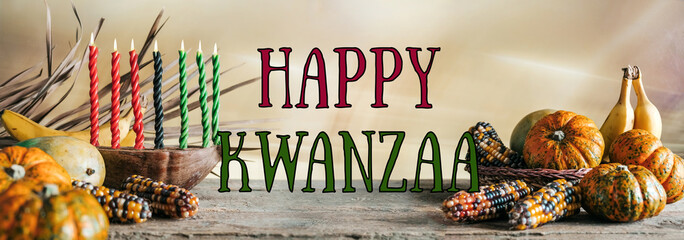 Kwanzaa, african holiday Kwanzaa with decoration of seven candles in red, black and green colors,...