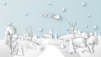 Fototapeta na wymiar Winter Christmas with village and Santa Claus flying on the sky. Merry Christmas and Happy New Year. paper cut and craft style. vector, illustration.