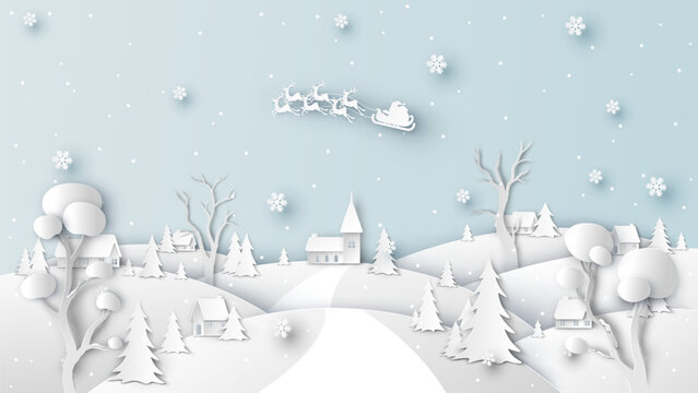 Winter Christmas with village and Santa Claus flying on the sky. Merry Christmas and Happy New Year. paper cut and craft style. vector, illustration. © ibom