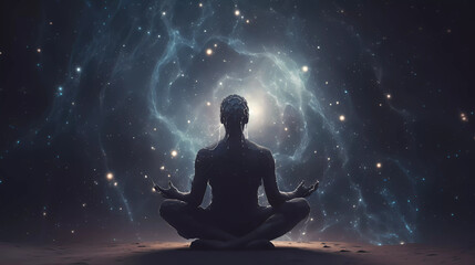 Fototapeta na wymiar Sillhouette of men meditating in a lotus position, surrounded by swirling galaxies and constellations, representing the connection between inner peace and the vastness of the universe.