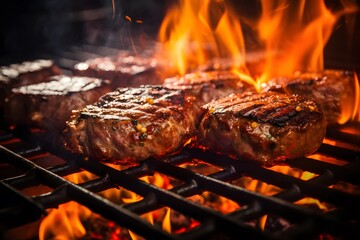 Beef steaks on a barbecue grill with flames and smoke closeup, Fresh burger patties sizzling on a hot grill in an outdoor restaurant. Sizzling barbecue grill with meat.