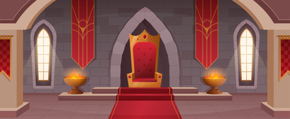 Throne room. Medieval castle interior, royal hall in kingdom palace cartoon vector background illustration © WinWin