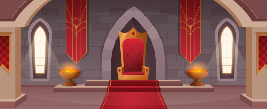 Throne room. Medieval castle interior, royal hall in kingdom palace cartoon vector background illustration