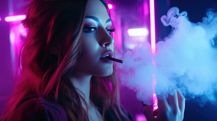 Fototapeta premium Stressed woman smokes electronic cigarette to relax