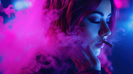 Stressed woman smokes electronic cigarette to relax