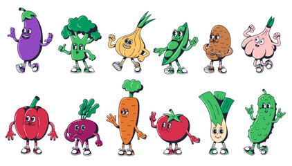 Cartoon vegetables characters. Walking eggplant, onion and cucumber. Veggies mascots for broccoli, pea pod, potato, strong garlic, sweet pepper, carrot with sneakers vector set