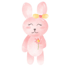 Little pink rabbit holding a pink flower