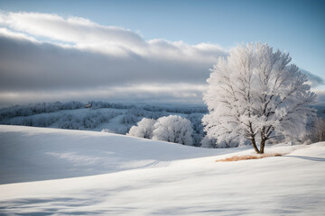 Rolling hills covered in a blanket of snow, a winter landscape that exudes calm and tranquility