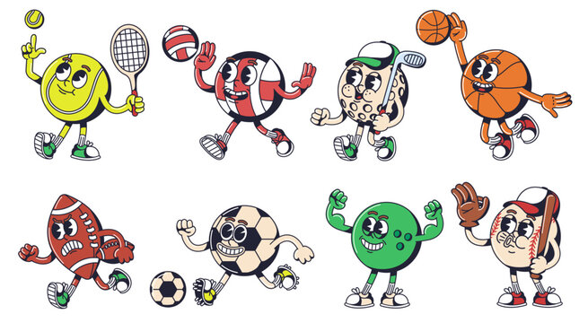 Cartoon sport ball mascot. Sports equipment characters for tennis, basketball, golf, volleyball, bowling, football and soccer design vector set