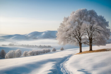 Rolling hills covered in a blanket of snow, a winter landscape that exudes calm and tranquility