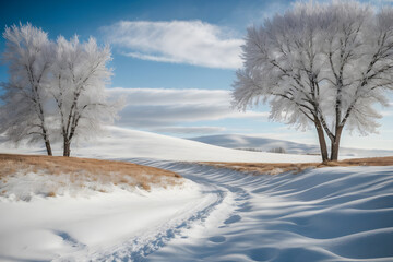 Fototapeta na wymiar Rolling hills covered in a blanket of snow, a winter landscape that exudes calm and tranquility