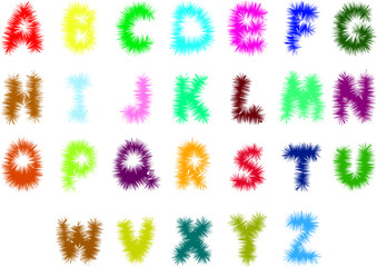 English alphabet. Cartoon font with letters - frost. Multi-colored capital letters on a transparent background. Vector.