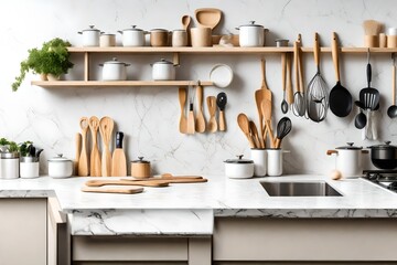 front view of the marble white countertop with various kitchen utensils made of natural materials. ecologically clean house. zero waste - - obrazy, fototapety, plakaty