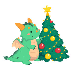 Obraz na płótnie Canvas A cute little green dragon decorates the Christmas tree. Year of the Dragon. Chinese zodiac dragon. 