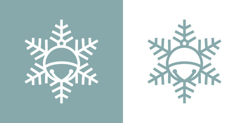 Tiempo de Navidad. Icono jingle bell. Logo con silueta lineal de copo de nieve con cascabel para su uso en felicitaciones y tarjetas - obrazy, fototapety, plakaty