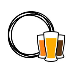 Logo cervecería. Oktoberfest. Marco circular con líneas con varios vasos de diversos tipos de cerveza