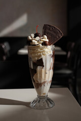 a glass of chocolate and vanilla sundae ice-cream