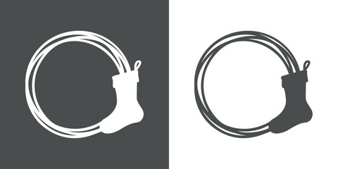 Tiempo de Navidad. Logo con marco circular con líneas con silueta de media de navidad para su uso en tarjetas y felicitaciones - obrazy, fototapety, plakaty